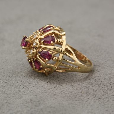 Vintage 14 Karat Yellow Gold Ruby & Diamond Cluster Ring