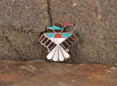 Pre-Owned Native American Thunderbird Pin, Sterling Silver with Inlaid Turquoise and Coral