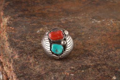 Pre-Owned Native American, Sterling Silver, Turquoise and Coral Ring