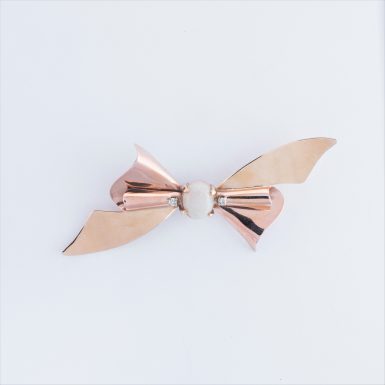 Vintage 14K Yellow and Rose Gold Opal and Diamond Bow Pin