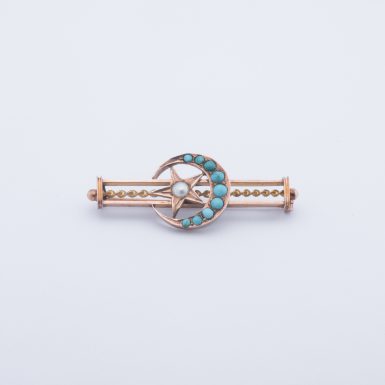 Victorian 14K Turquise and Pearl Moon and Star Bar Pin