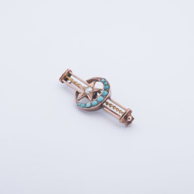 Victorian 14K Turquise and Pearl Moon and Star Bar Pin