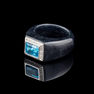 Pre-Owned Black Jade Ring with 14k and Blue Topaz