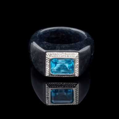 Pre-Owned Black Jade Ring with 14k and Blue Topaz