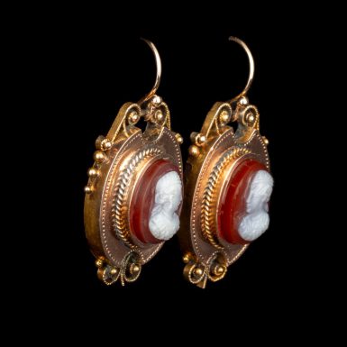 Rare Victorian 14K Hardstone Cameo Earrings