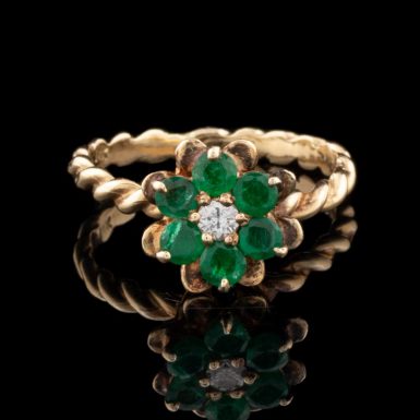 Pre-Owned 14K Emerald and Diamond Flower Ring