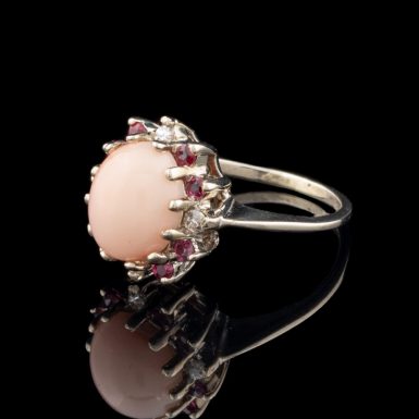 Vintage 14 Karat White Gold Coral Ring with Diamonds and Rubies