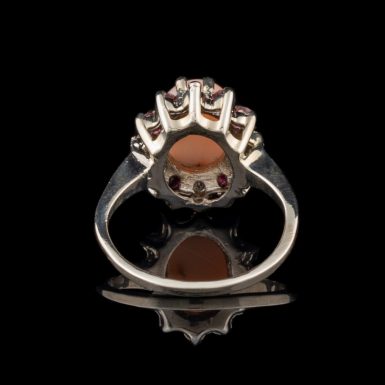 Vintage 14 Karat White Gold Coral Ring with Diamonds and Rubies