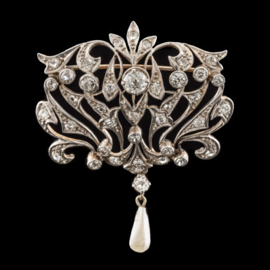Antique Edwardian 15K Diamond And Pearl Brooch