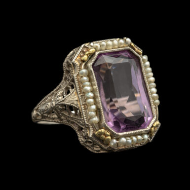 Antique Amethyst and Natural Pearl Filigree Ring in 14K